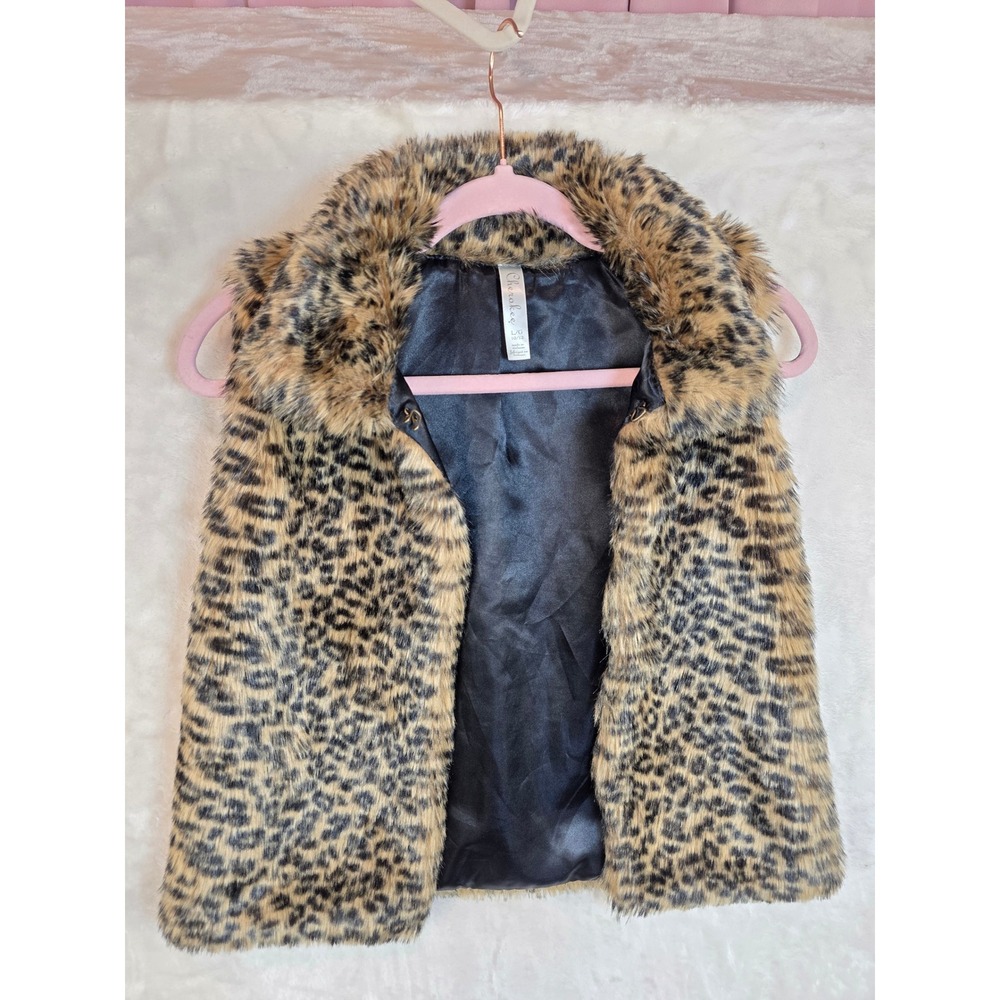 Cherokee Girls Leopard Print Faux Fur Vest Brown Tan Size L 10/12 Hook Closure